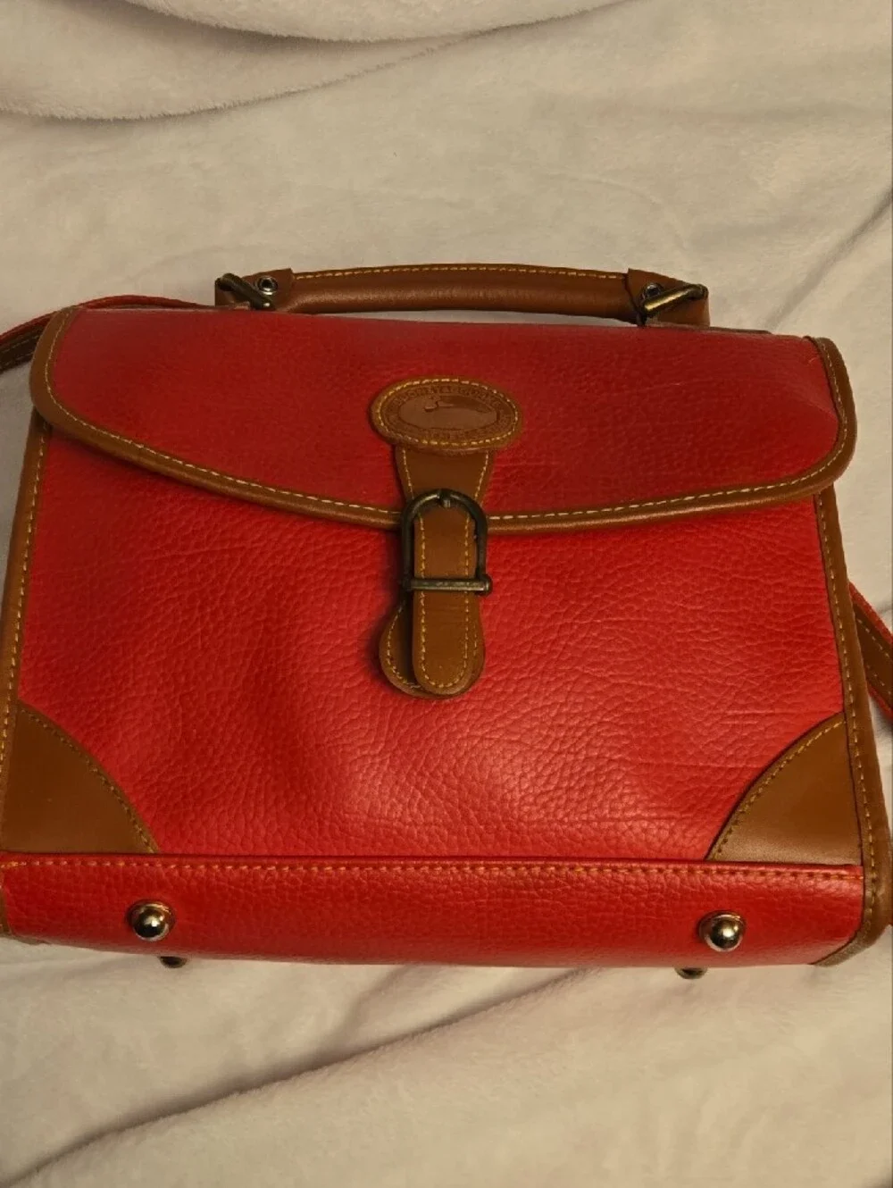 Dooney & Bourke Red Leather Satchel/Purse Set with Brown Trim